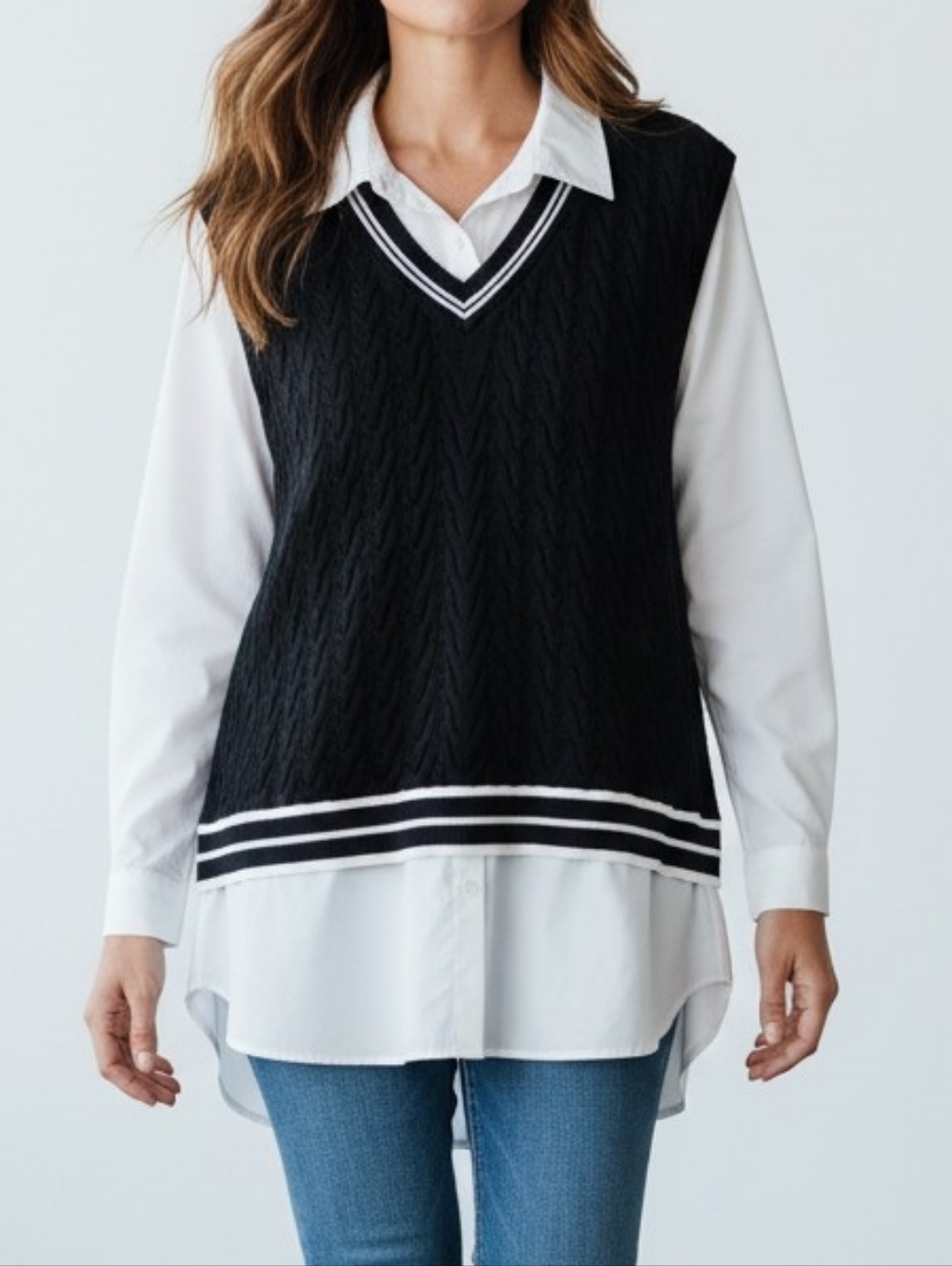 ADRIANNA PAPEL  Black Sweater Vest with White Trim And Georgette Blouse